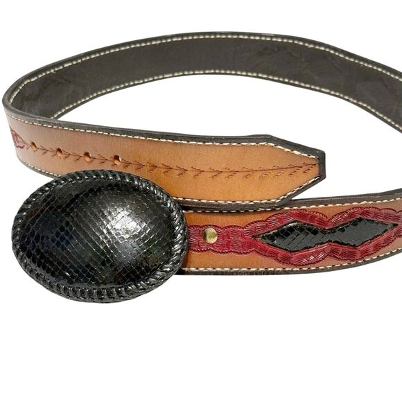 HAND-TOOLED Belt WESTERN Brown Black Red Oval Wrap Buckle Lizard Fits 33-37